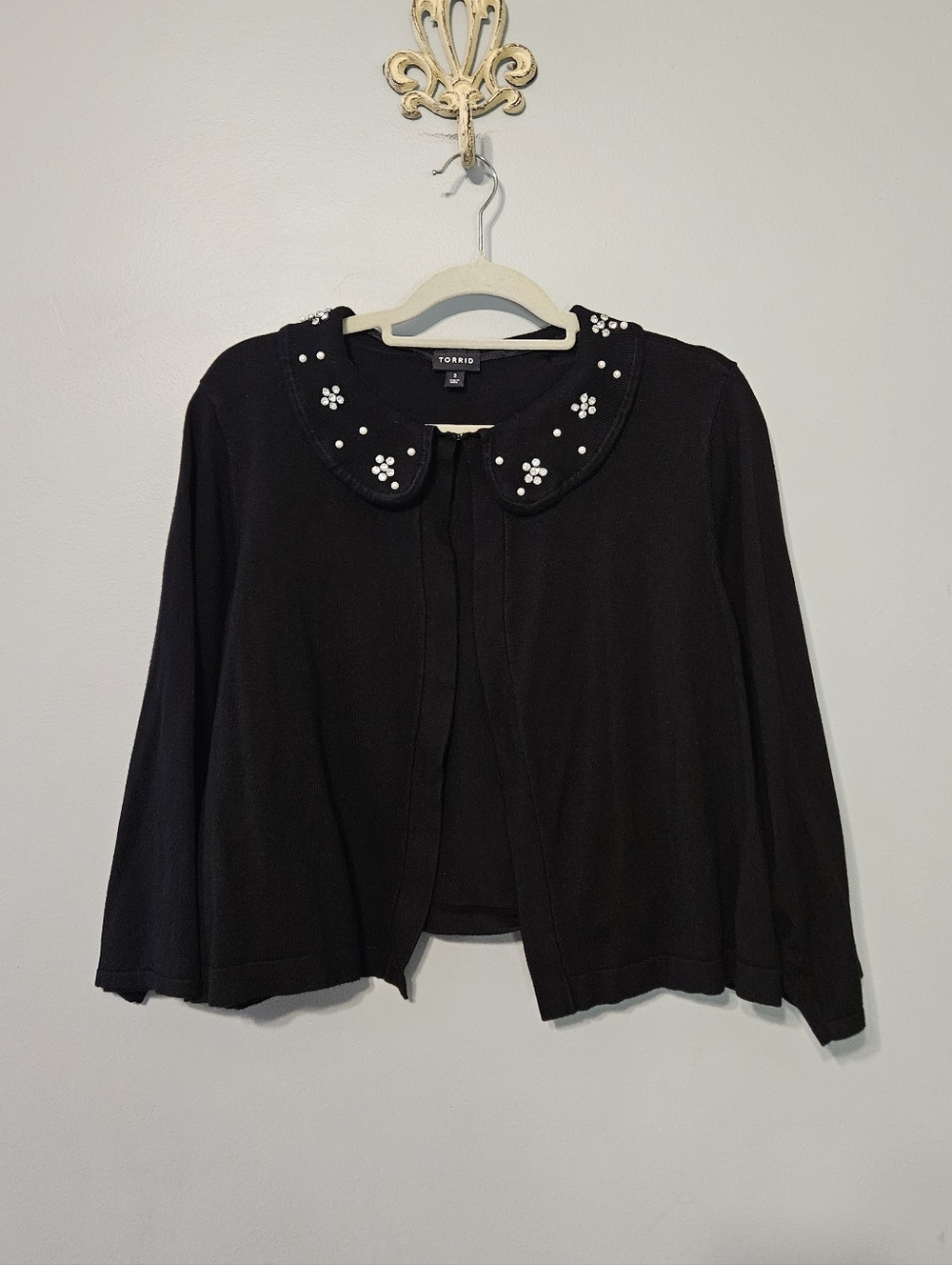Torrid Black Cropped Cardigan with Embellished Peter Pan Collar